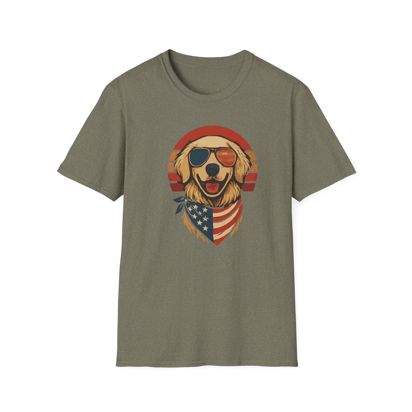 Patriotic Golden Retriever With Red White and Blue Bandana Grunge Look T Shirt