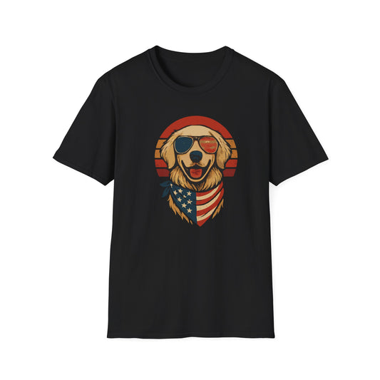 Patriotic Golden Retriever With Red White and Blue Bandana Grunge Look T Shirt