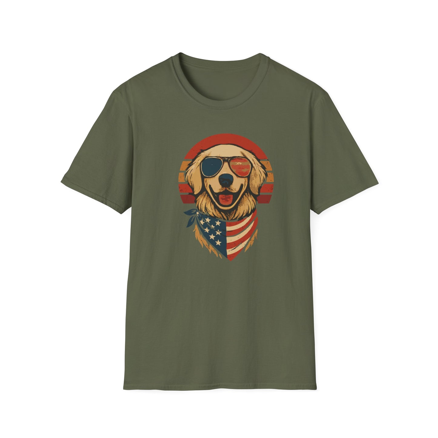 Patriotic Golden Retriever With Red White and Blue Bandana Grunge Look T Shirt