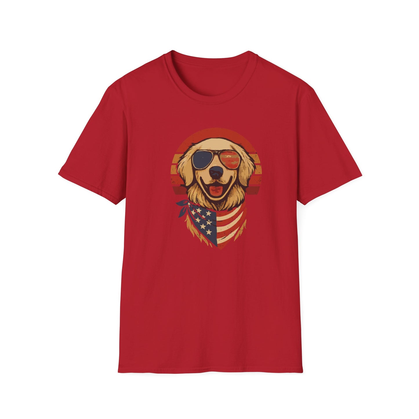 Patriotic Golden Retriever With Red White and Blue Bandana Grunge Look T Shirt
