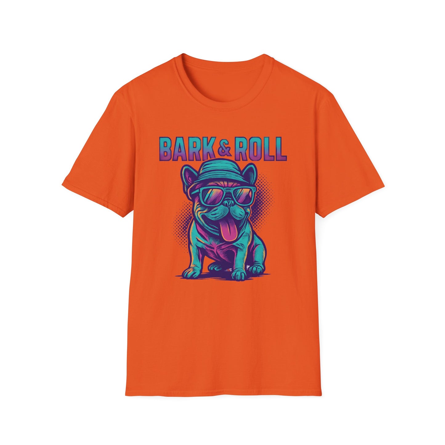 Bark and Roll Vivid Colored French Bull Dog With Hat T Shirt