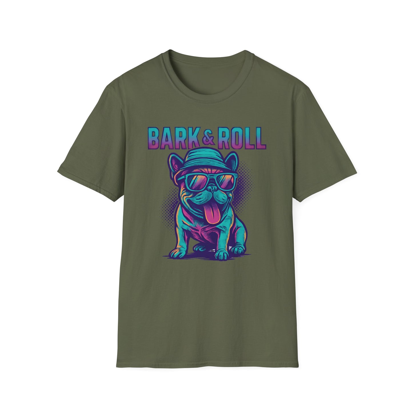 Bark and Roll Vivid Colored French Bull Dog With Hat T Shirt